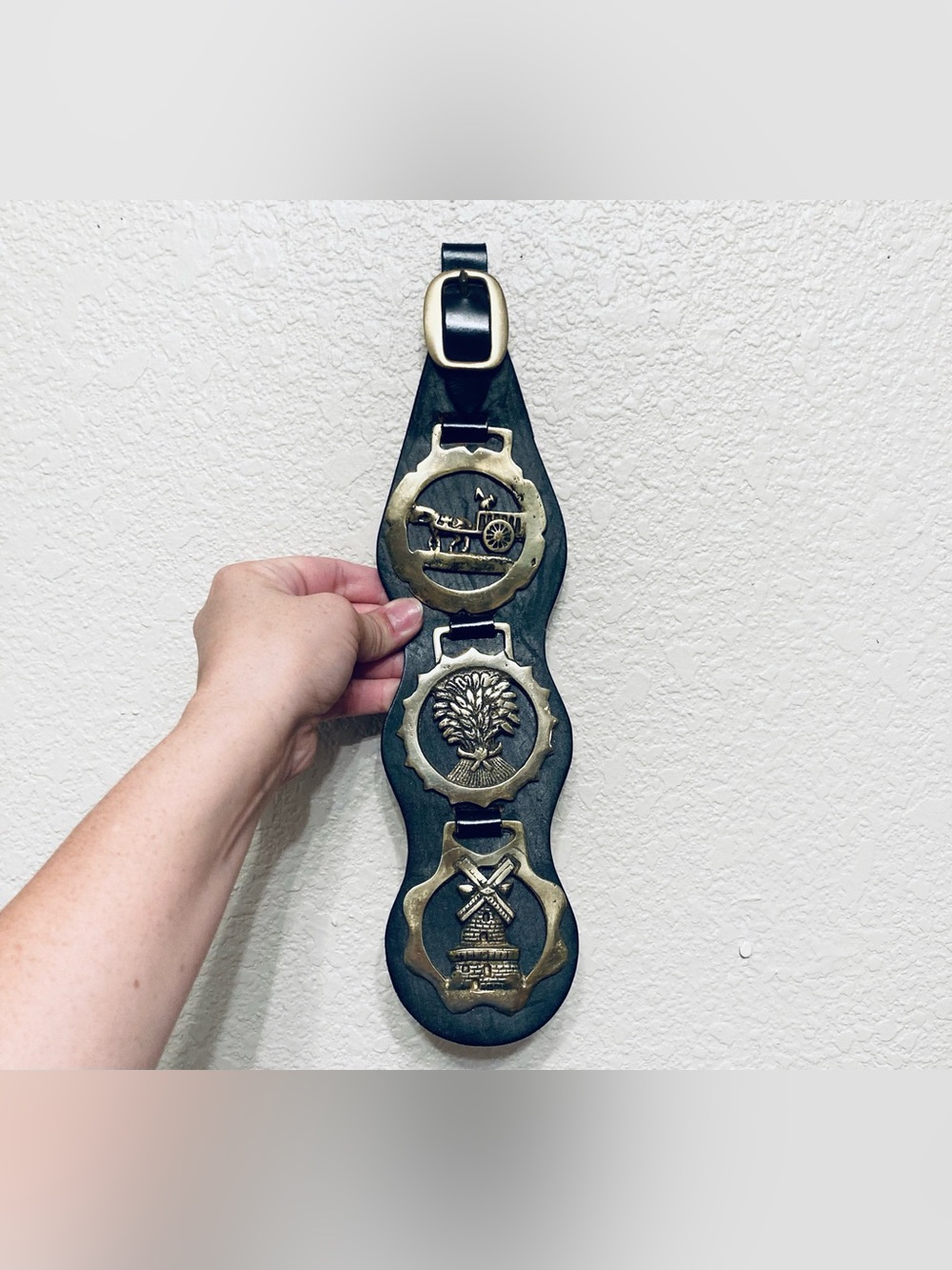 Vintage English Brass Horse Medallions Saddle/Harness on Leather Strap